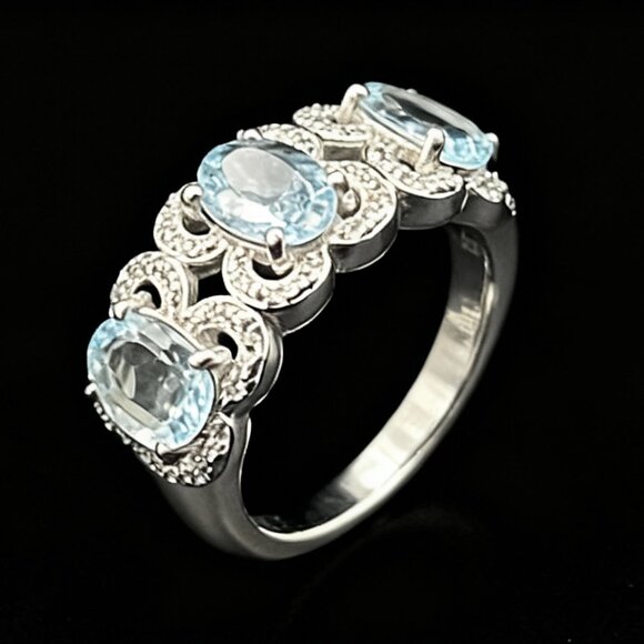 Blue Aquamarine and CZ Butterfly Ring Sterling Silver Size 7 Designer Signed - Picture 1 of 9